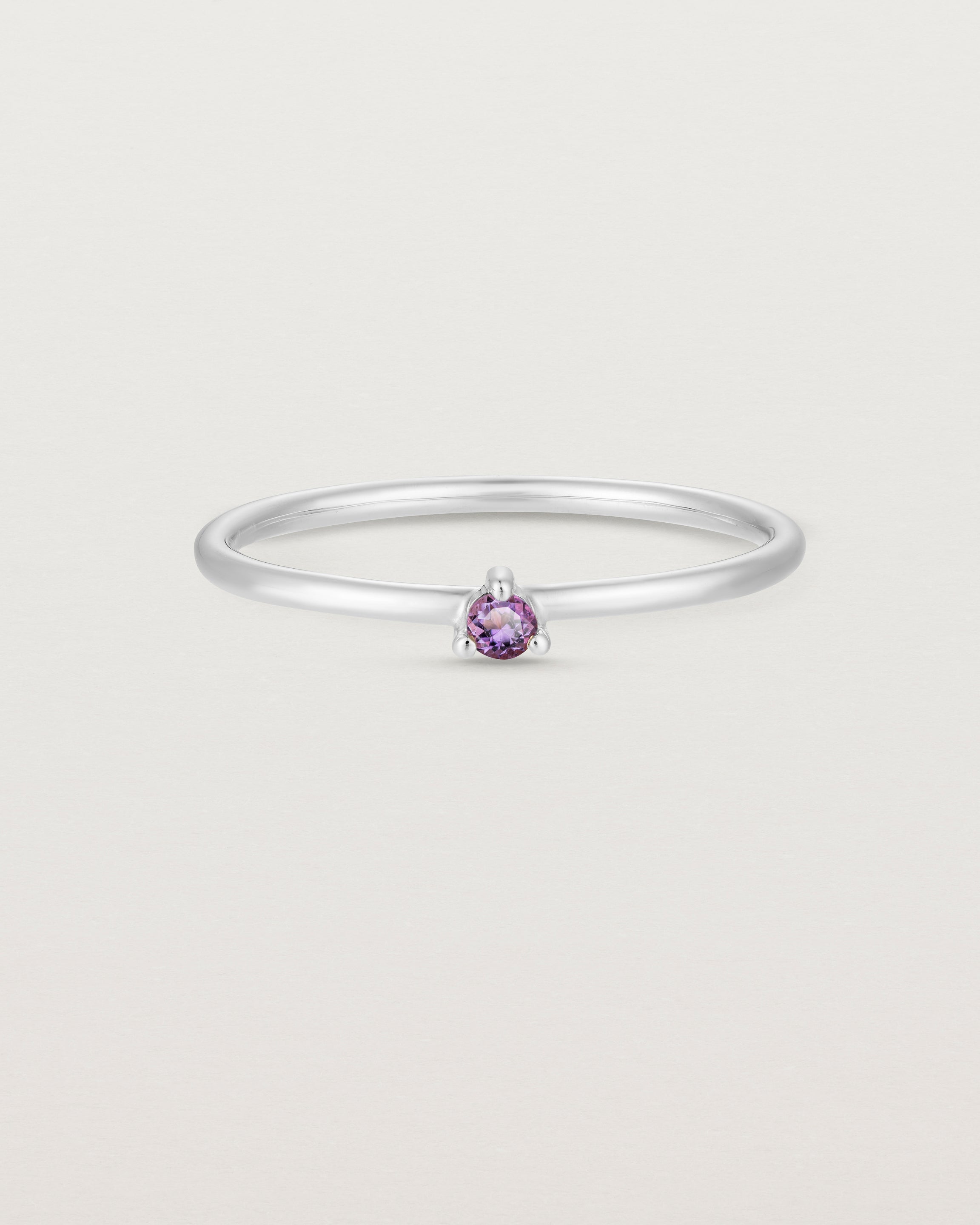 Front facing deep etched image of a white gold ring with an amethyst birthstone.