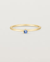 Front facing deep etched image of a yellow gold ring with a blue topaz birthstone.