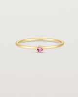 Front facing deep etched image of a yellow gold ring with a pink tourmaline birthstone.