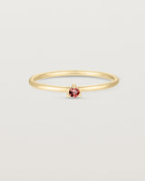 Front facing deep etched image of a yellow gold ring with a ruby birthstone.