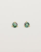 Front facing deep etched image of a pair of yellow gold earrings with an alexandrite birthstone.