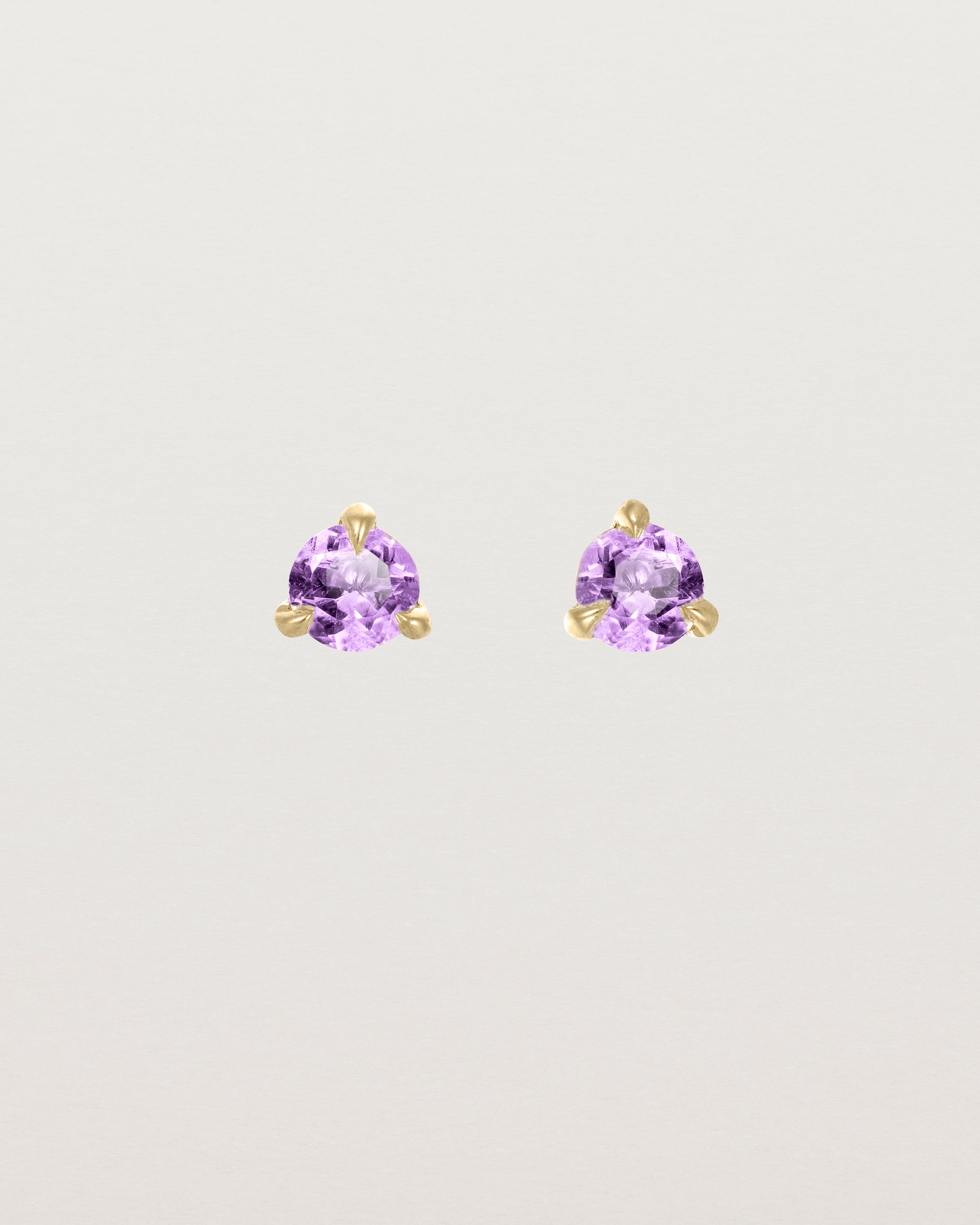 Front facing deep etched image of a pair of yellow gold earrings with an amethyst birthstone.