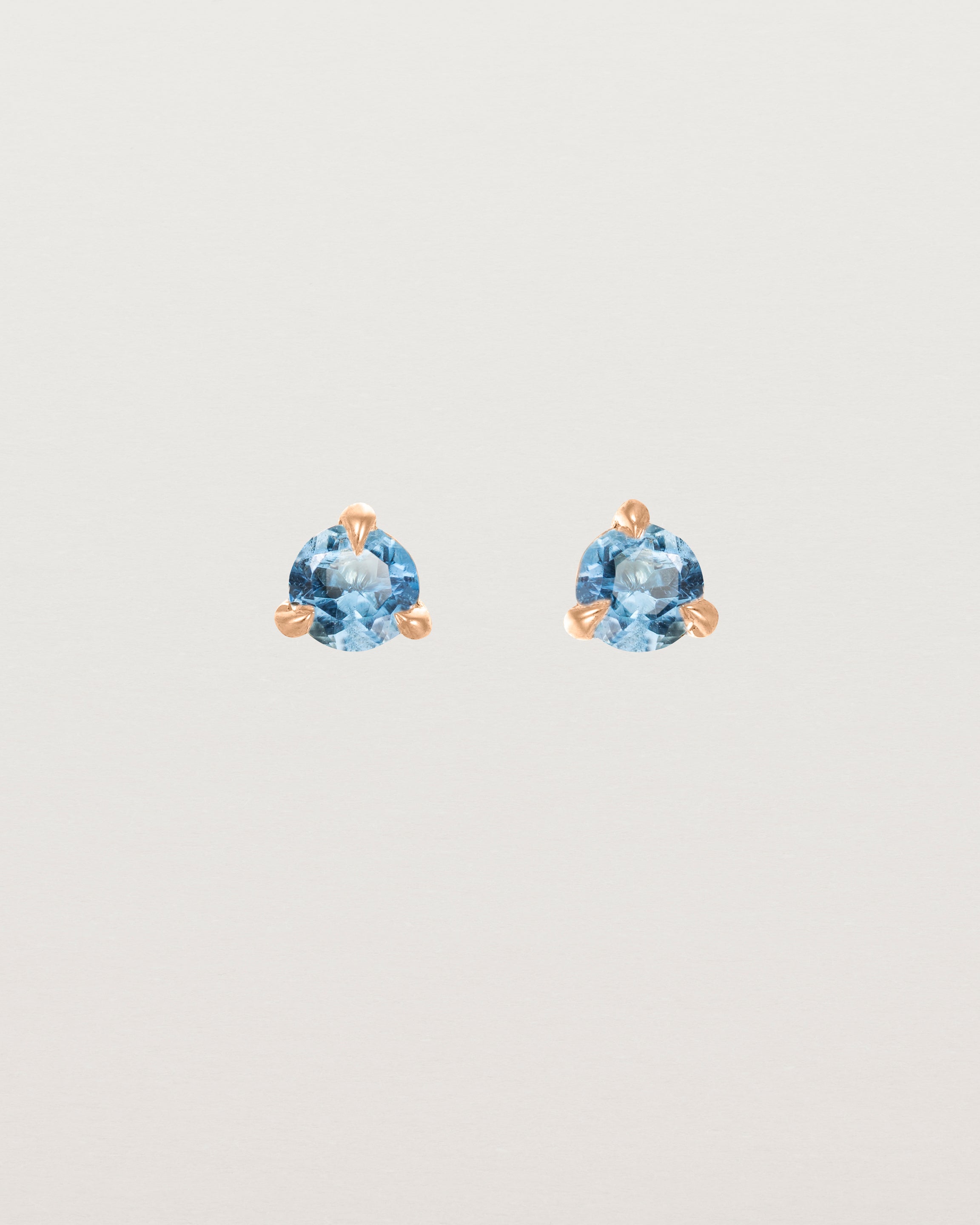 Front facing deep etched image of a pair of rose gold earrings with an aquamarine birthstone.