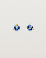 Front facing deep etched image of a pair of yellow gold earrings with a blue sapphire birthstone.