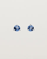 Front facing deep etched image of a pair of white gold earrings with a blue sapphire birthstone.