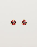 Front facing deep etched image of a pair of yellow gold earrings with a ruby birthstone.