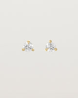 Front facing deep etched image of a pair of yellow gold earrings with a diamond birthstone.