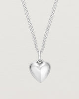 close up image of the heart ella necklace in sterling silver.