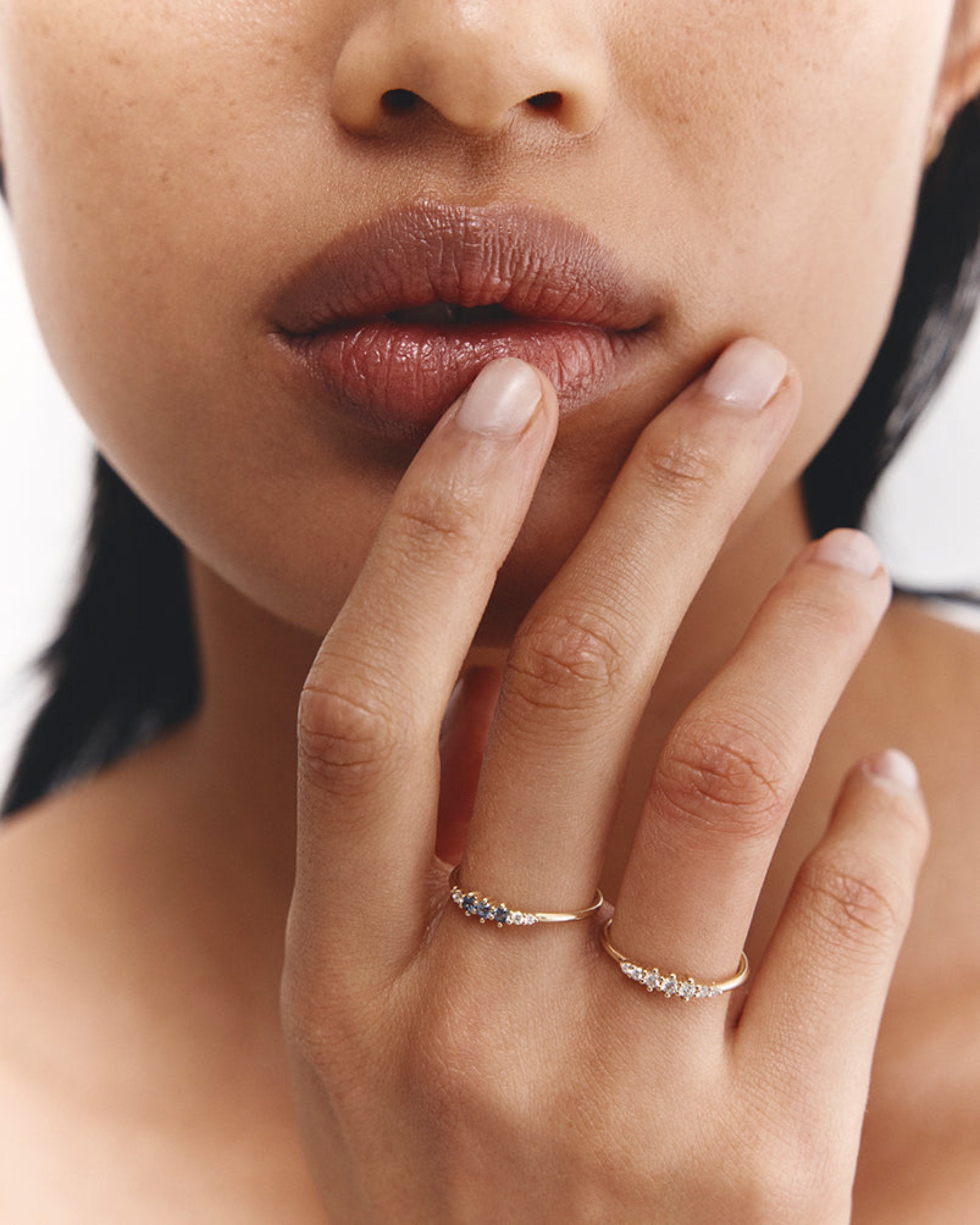 Model wears Diamond and Blue Topaz Hattie Ring.