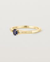 Side facing  deep etched image of a yellow gold engagement ring with an oval sapphire stone