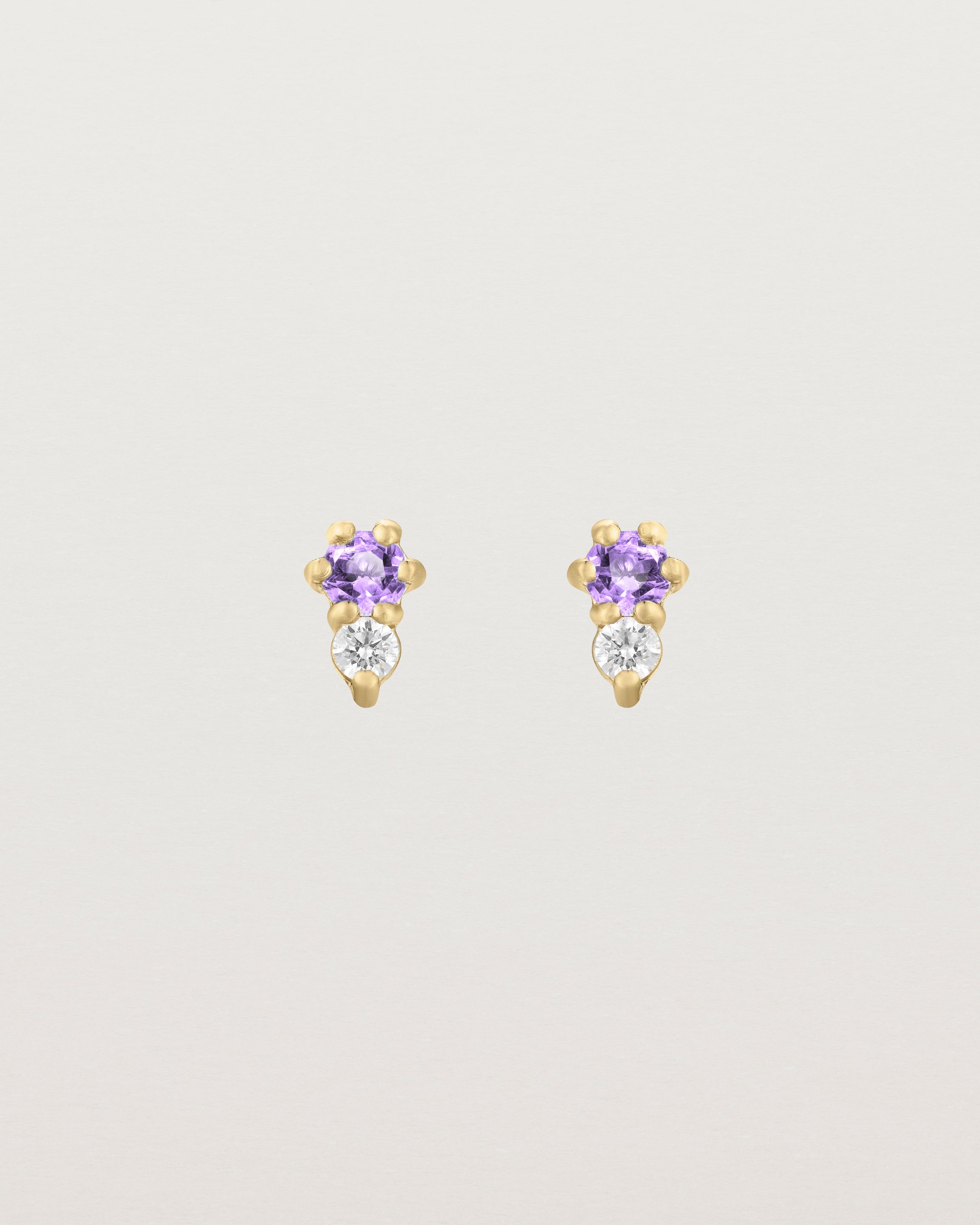 Front facing deep etched image of a pair of yellow gold earrings with amethyst birthstones and diamonds.