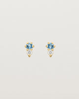 Front facing deep etched image of a pair of yellow gold earrings with aquamarine birthstones and diamonds.