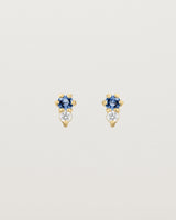 Front facing deep etched image of a pair of yellow gold earrings with blue sapphire birthstones and diamonds.