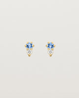 Front facing deep etched image of a pair of yellow gold earrings with blue topaz birthstones and diamonds.