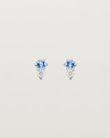 Front facing deep etched image of a pair of white gold earrings with blue topaz birthstones and diamonds.