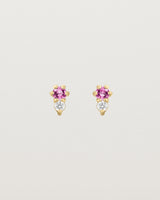 Front facing deep etched image of a pair of yellow gold earrings with pink tourmaline birthstones and diamonds.