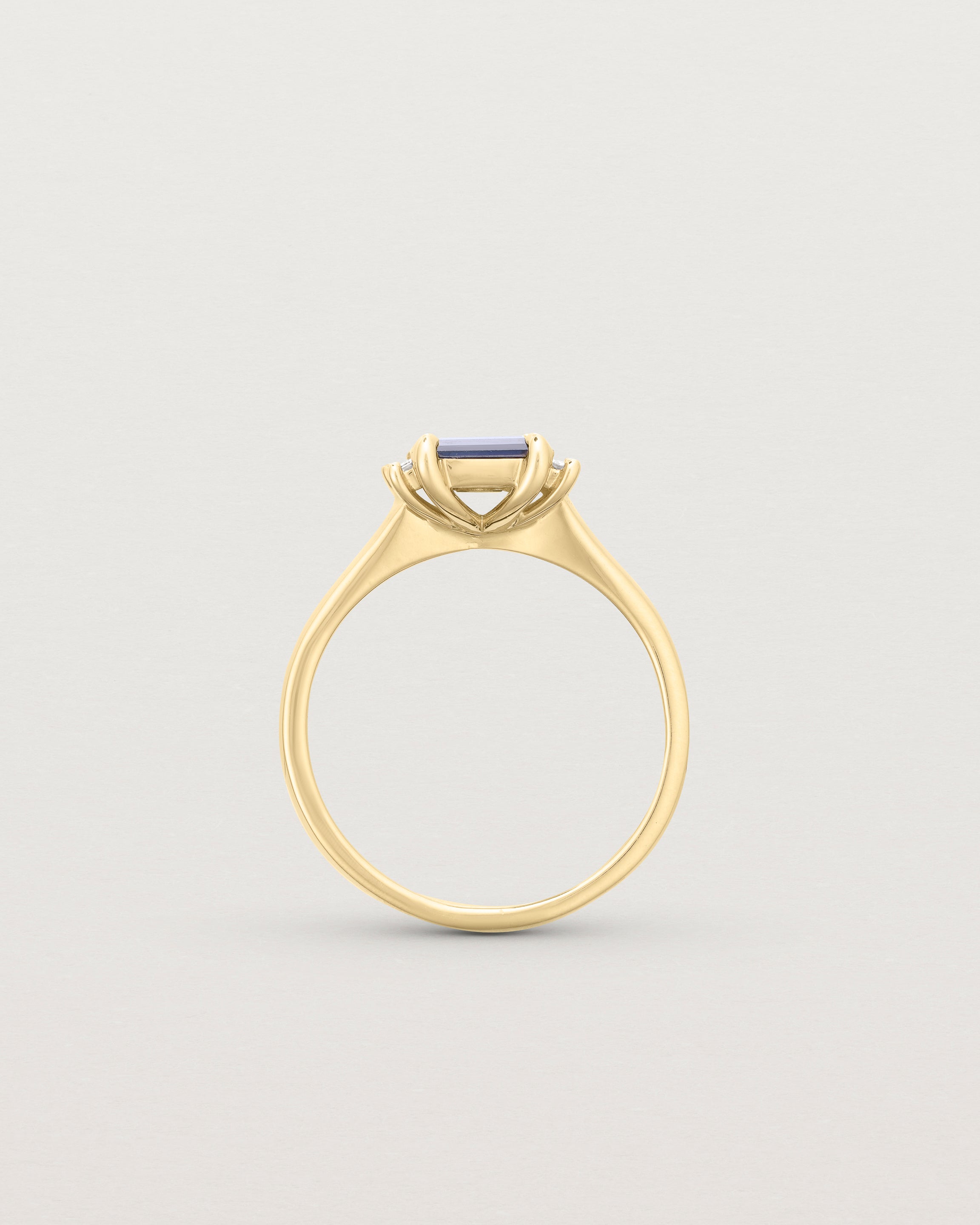 Standing deep etched image of a yellow gold trio design engagement ring. 