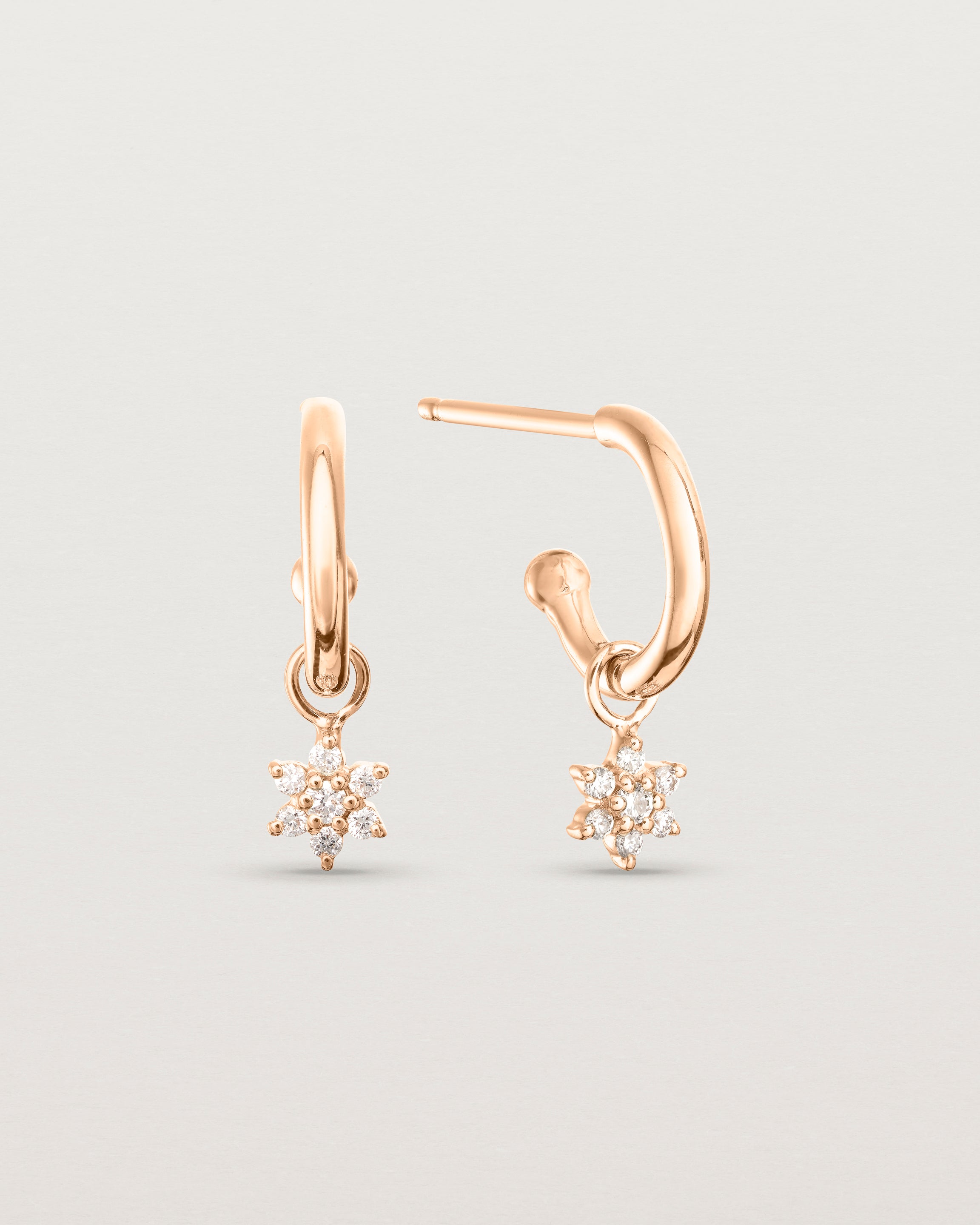 Close up image of the two petit starburst diamond studs in rose gold