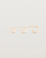 Image of the petits suspend hoops in rose gold across the three different sizes