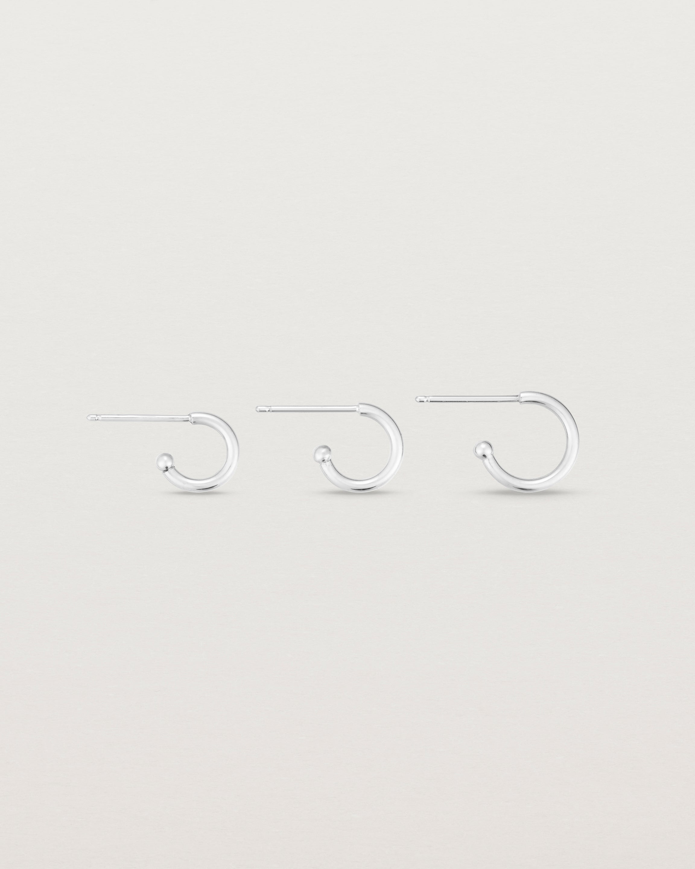 image of the petits suspend hoops in sterling silver across three different sizes