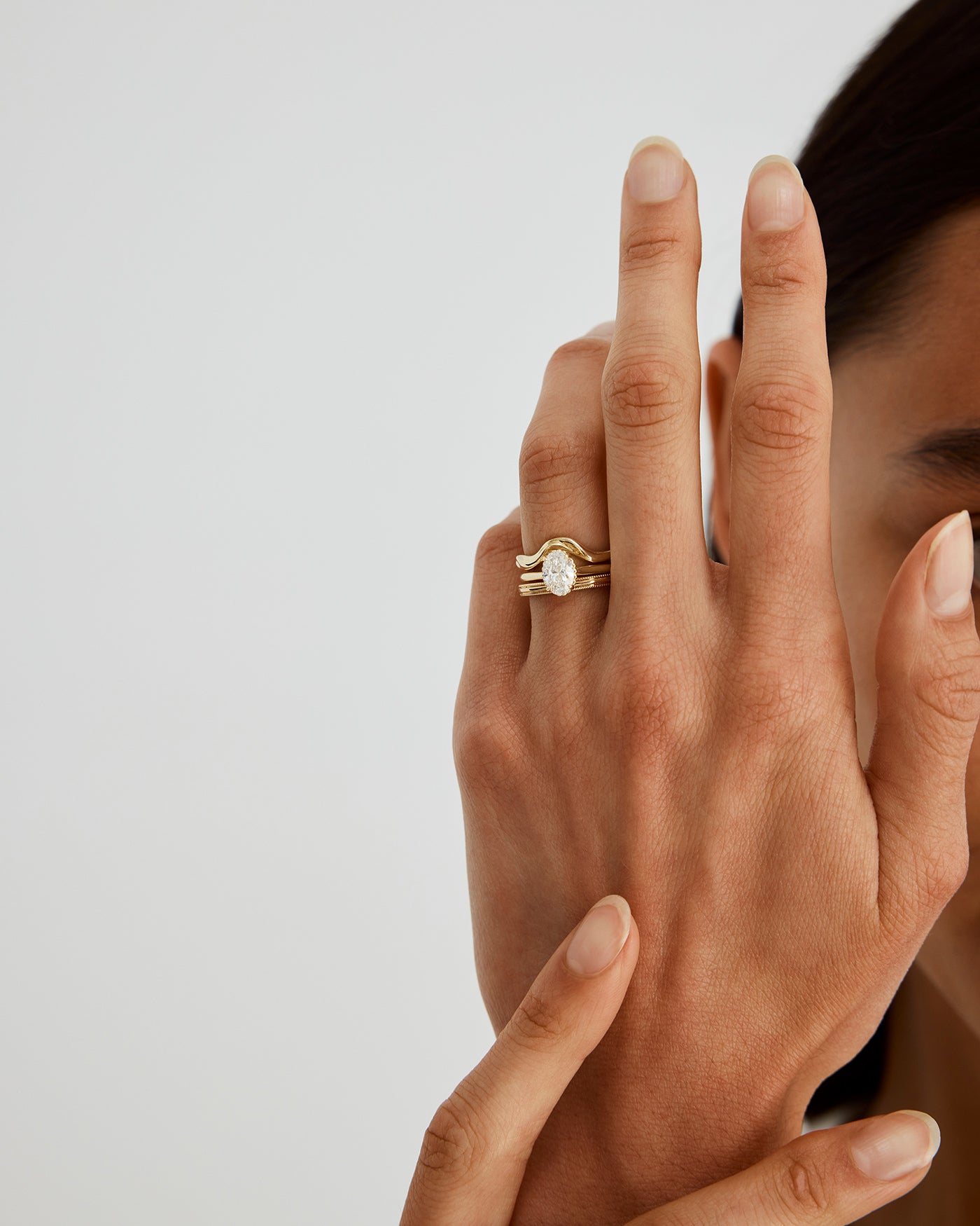 A woman wearing the Thea Oval Solitaire with a Laboratory Grown Diamond
