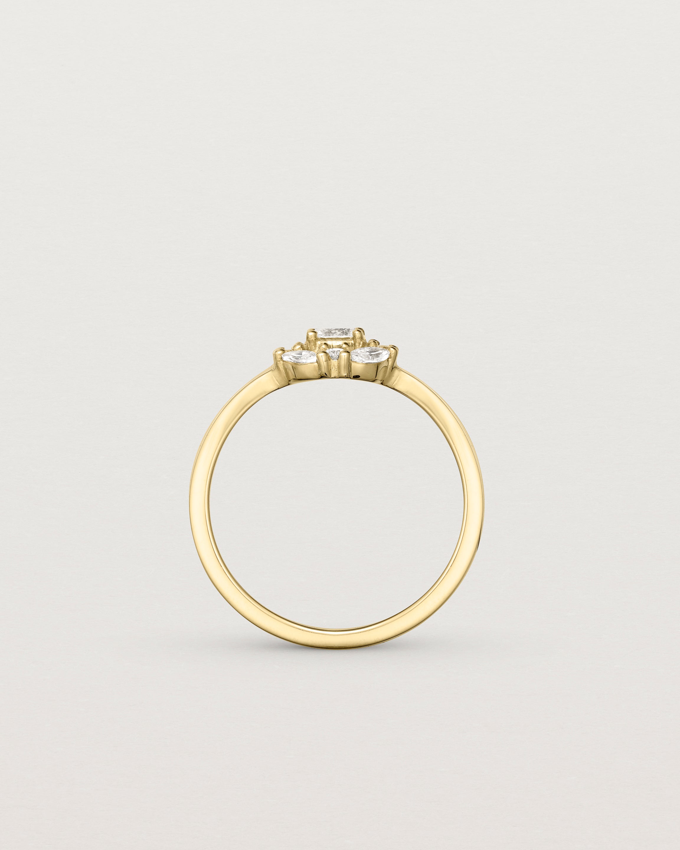 standing image deep etched image of a yellow gold engagement ring with an oval white diamond and a halo of eight diamonds. 