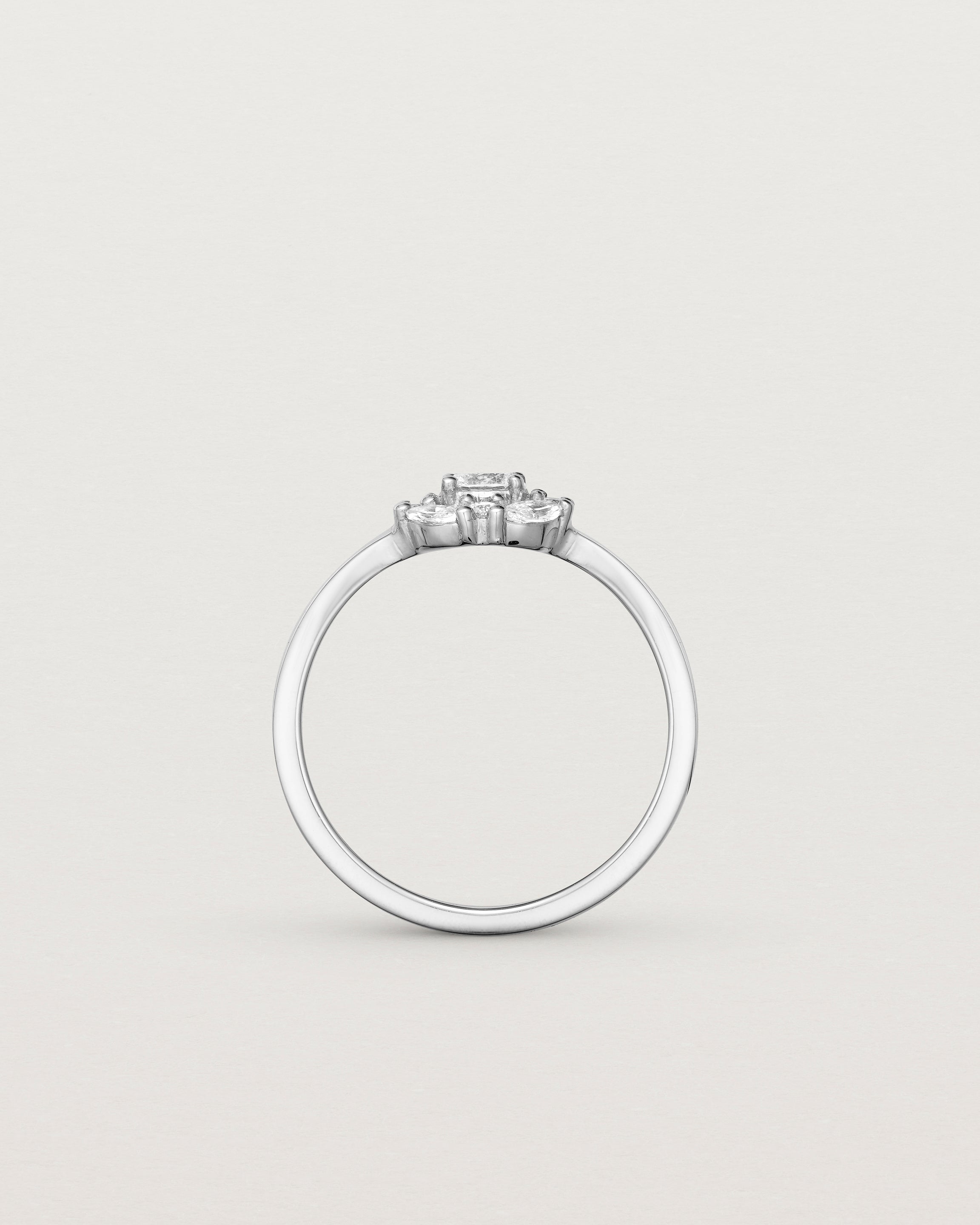 Standing image of a  deep etched image of a white gold engagement ring with an oval white diamond and a halo of eight diamonds.