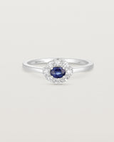 Front on deep etched image of a white engagement ring with an oval sapphire stone and a halo of eight diamonds.