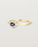 side view of a deep etched image of a yellow gold engagement ring with an oval sapphire stone and a halo of eight diamonds.