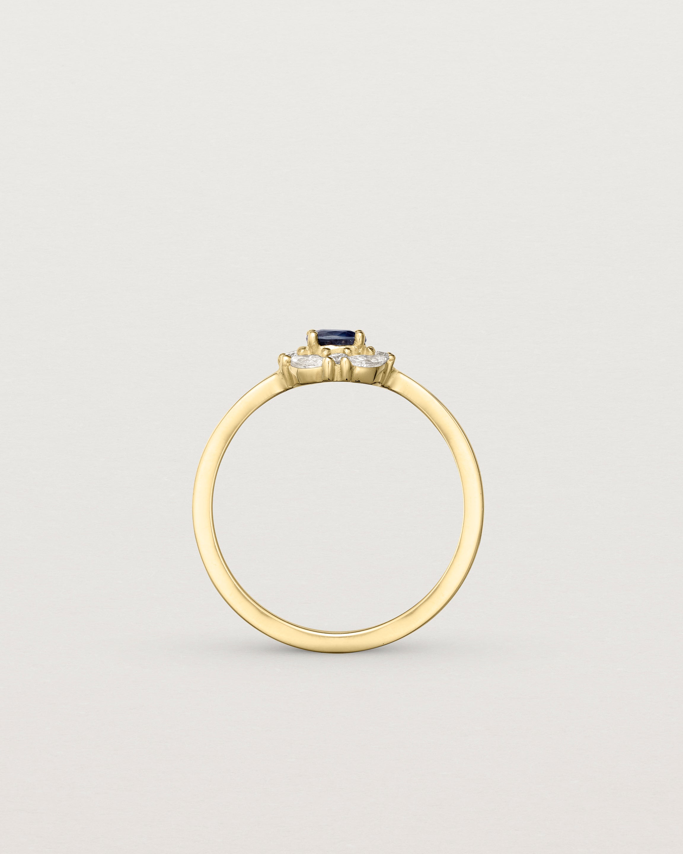 standing view of a deep etched image of a yellow gold engagement ring with an oval sapphire stone and a halo of eight diamonds.