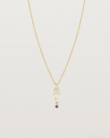 Front on deep etched image of a yellow gold necklace with birthstone charms.