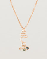 Front on deep etched image of a rose gold necklace with birthstone charms.