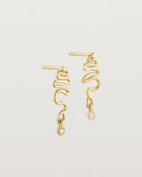 Side facing deep etched image of yellow gold earrings with birthstone.